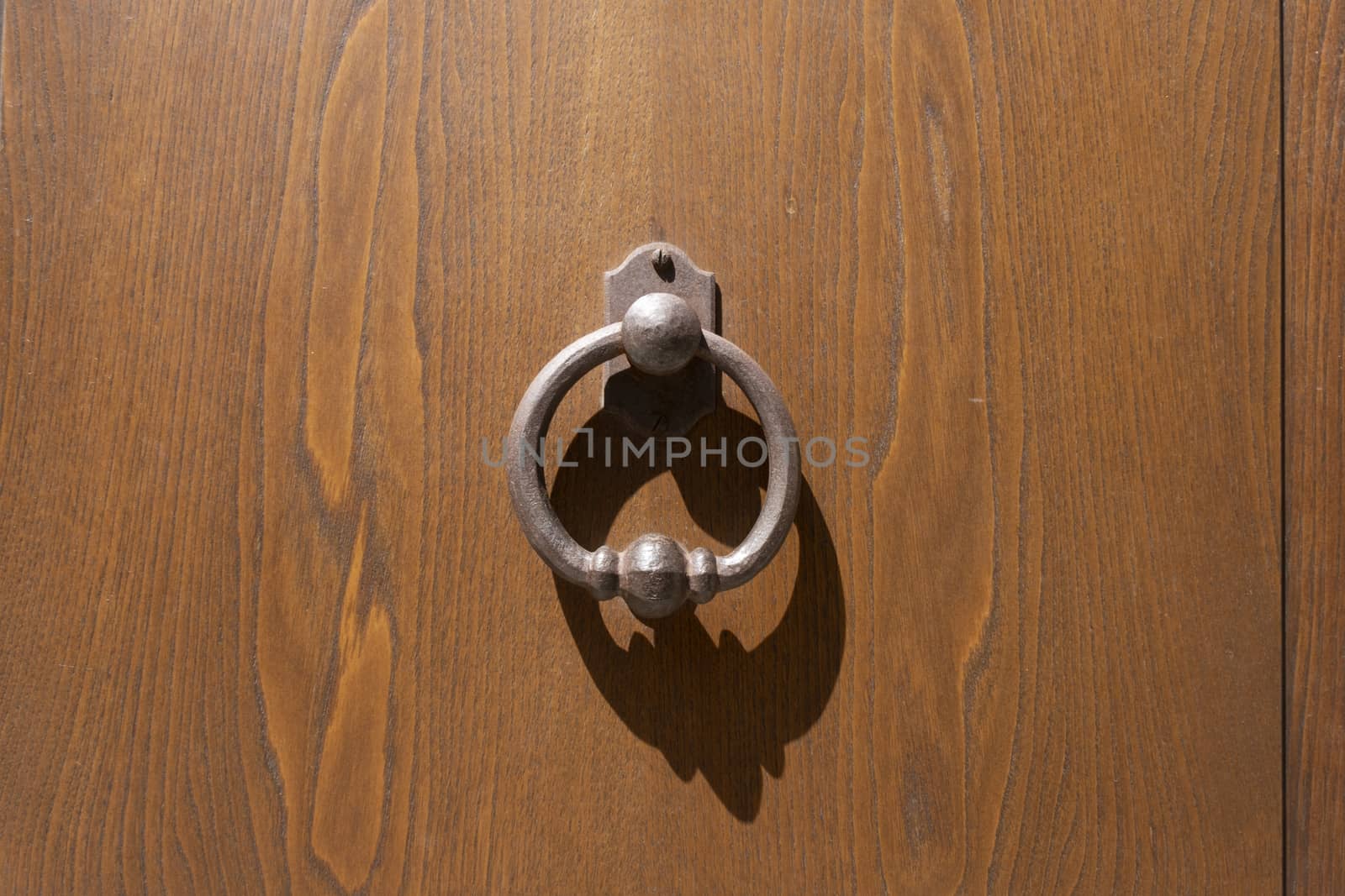Royal style antique doorknocker on a wooden door