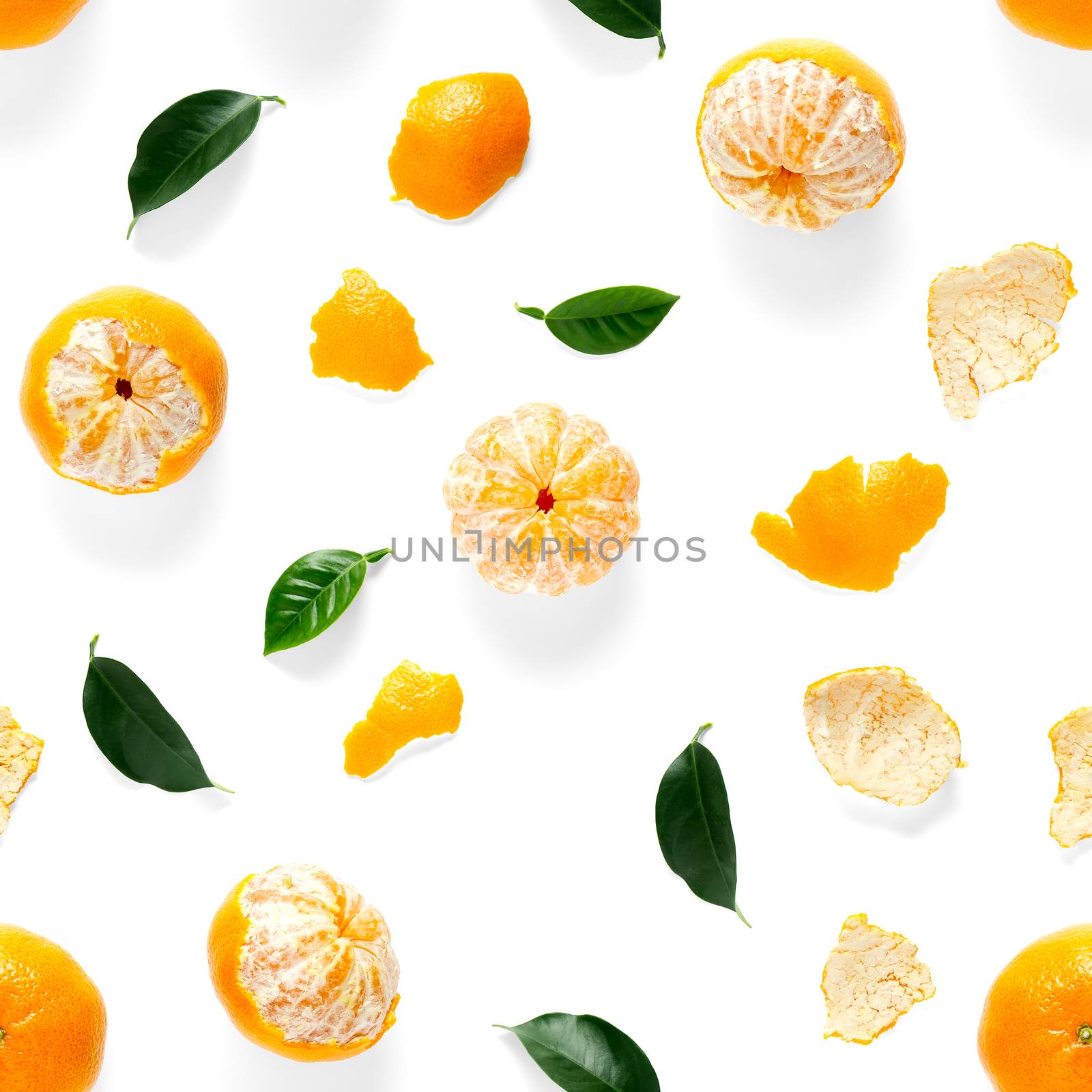 Mandarin seamless pattern, tangerine, clementine isolated on white background with green leaves. Collection of fine Mandarine seamless patterns.