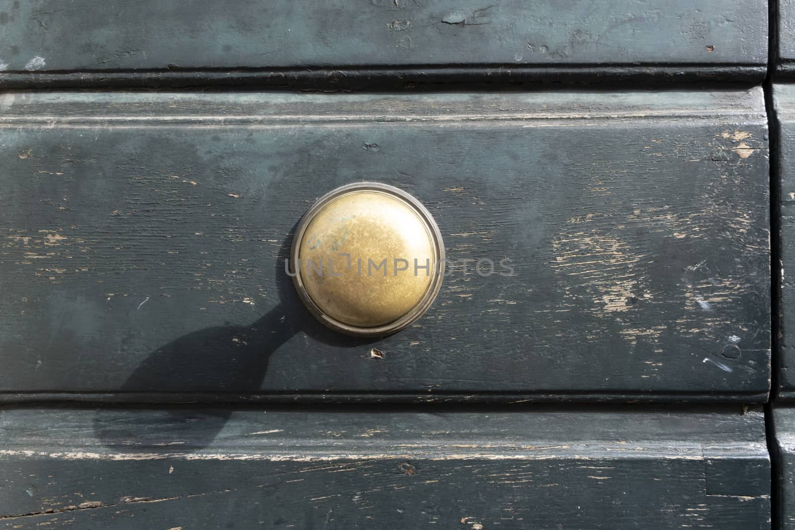 Classic retro brass door knob on green door vintage decoration retro interior style.