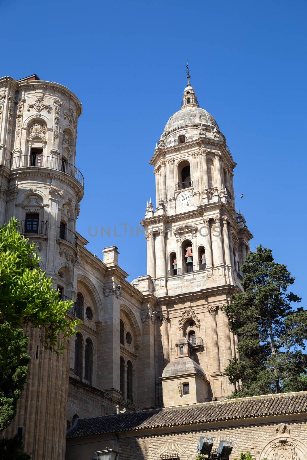 Malaga, Spain - May 25, 2019:  Exterior view of the cathedral in the historic city centre.