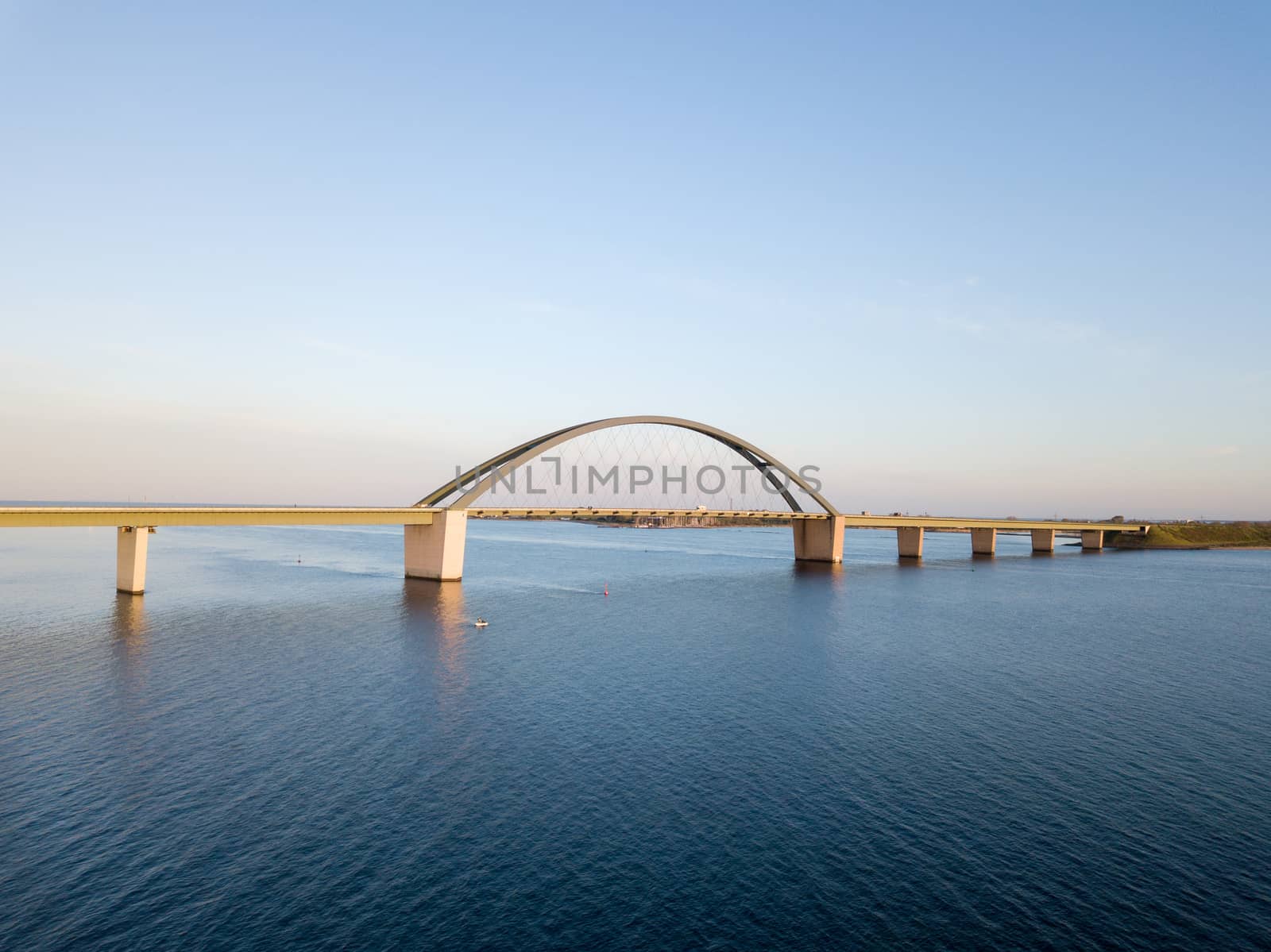 Fehmarn, Germany - May 11, 2019: Aerial drone view of the Fehmarn Bridge