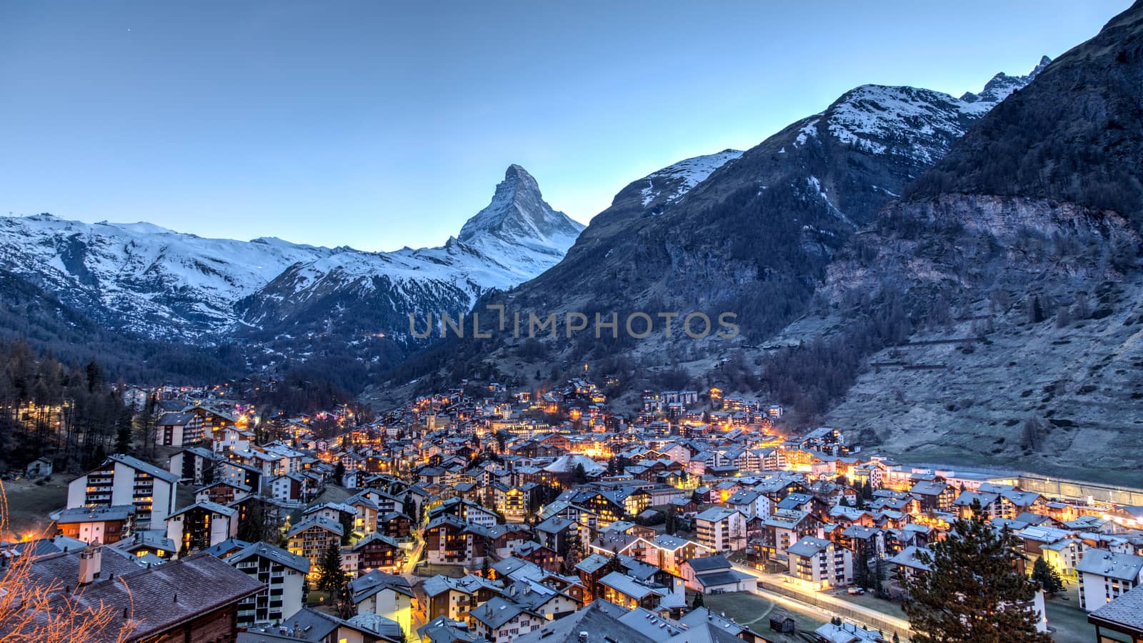 Panoramic view of the famous Matterhorn and Zermatt in the Swiss Alps in the evening