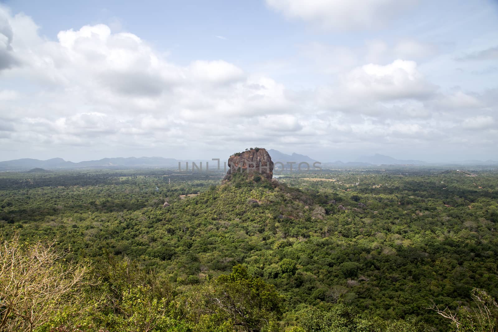 Sigiriya, Sri Lanka - August 17, 2018: The ancient Lion Rock as seen from Pidurangala Rock