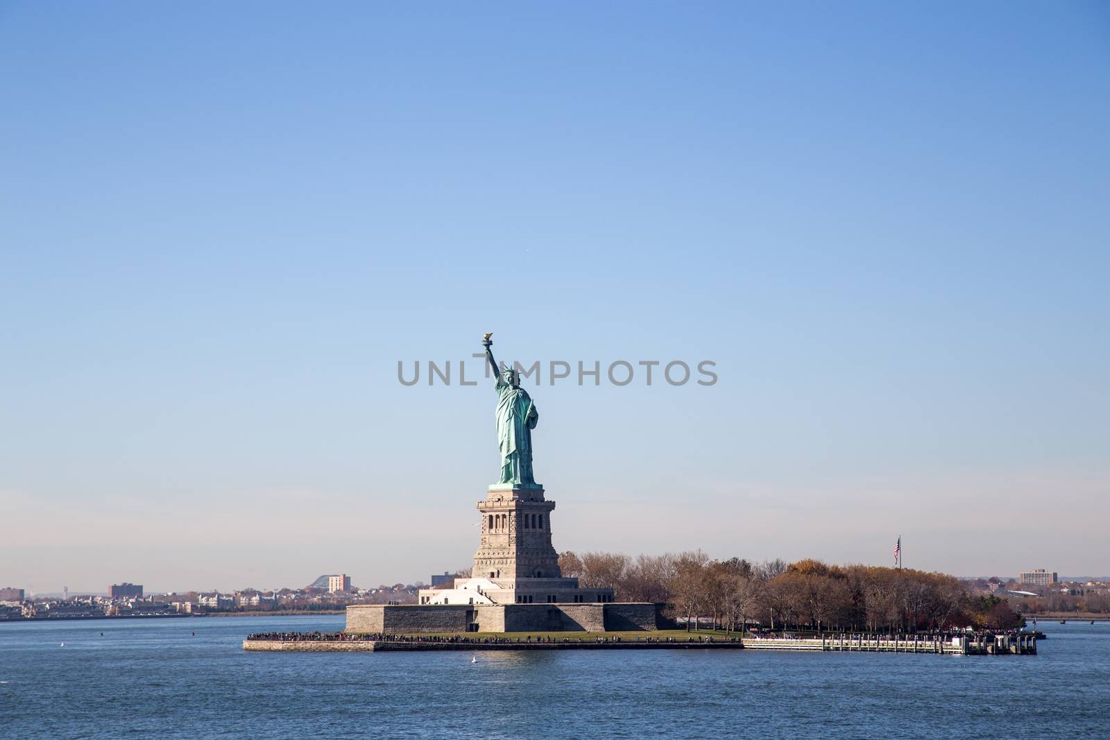 The Statue of Liberty in New York as seen from the Staten Island ferry boat