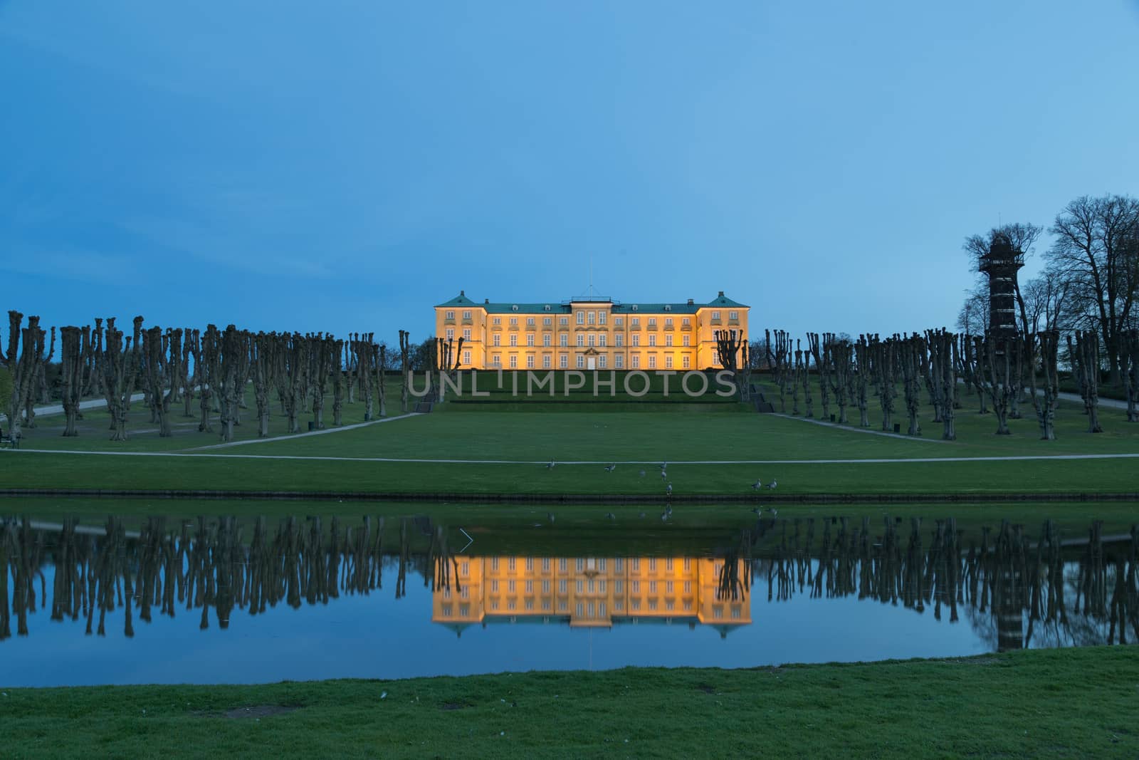 Frederiksberg, Denmark - May 1, 2016: Exterior view of Frederiksberg castle in Frederiksberg Park by night