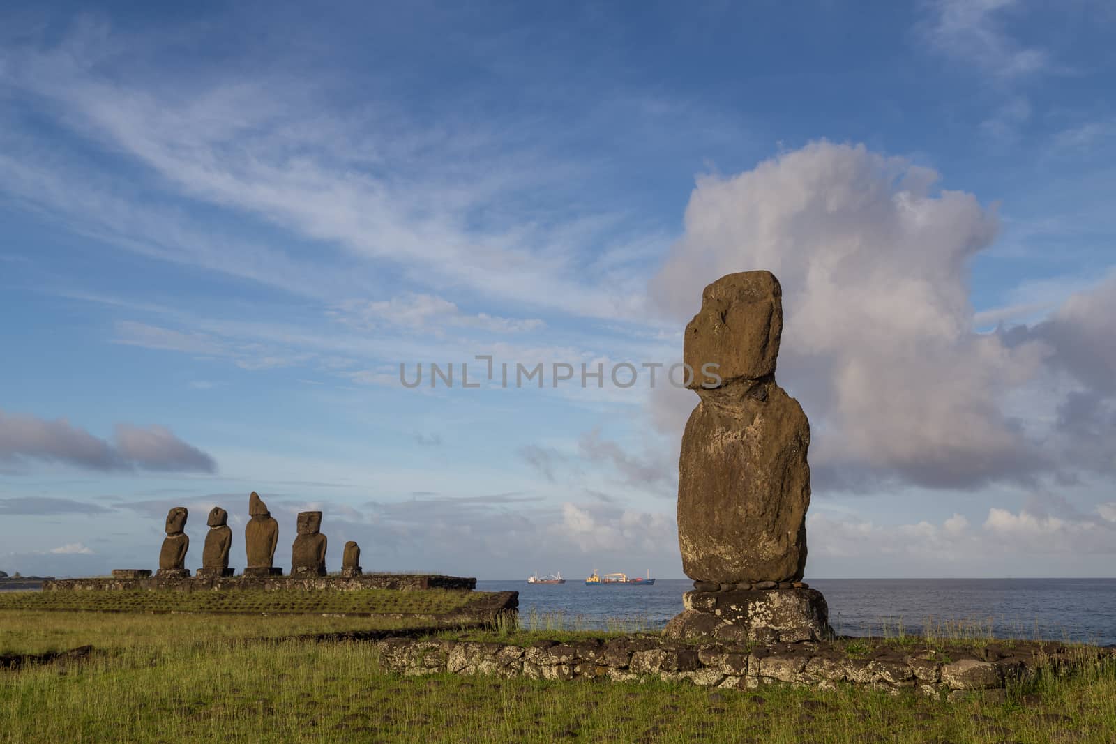 Photograph of the moais at Ahu Tahai on Easter Island in Chile in morning light.