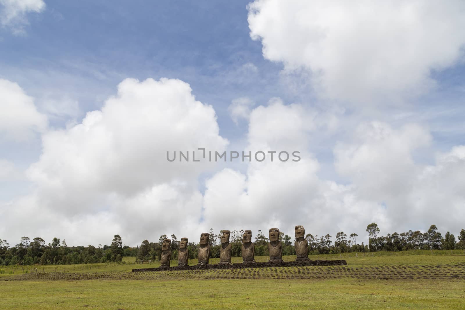 Photograph of the moais at Ahu Akivi on Easter Island in Chile.