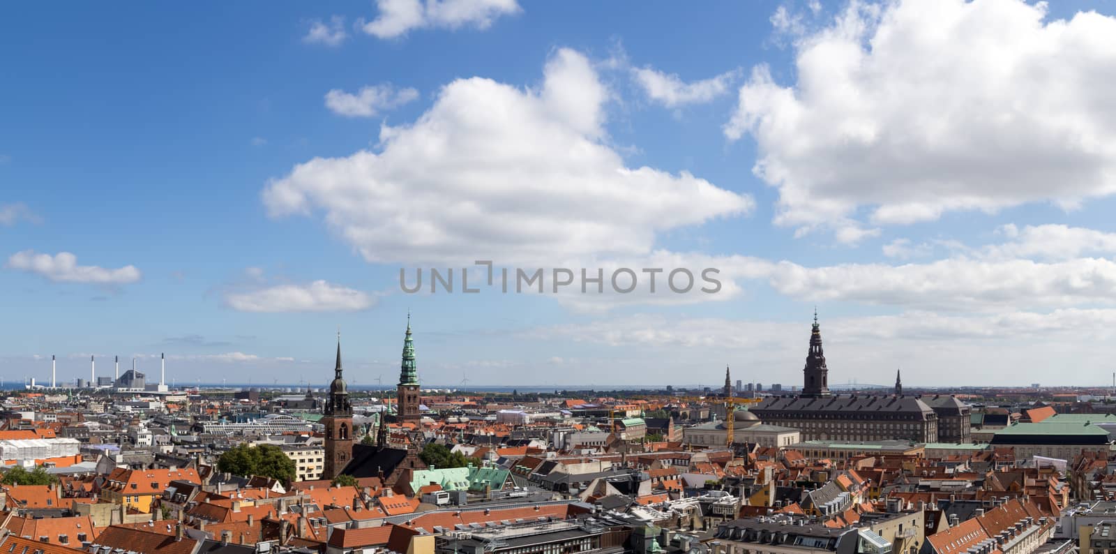 Copenhagen, Denmark - August 15, 2016: Panoramic view over the city from the bell tower of Vor Frue Cathedral