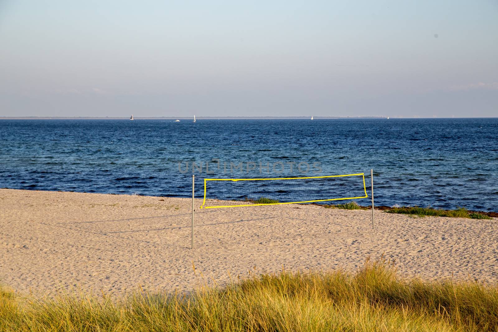 An empty beach volleyball field on Ishoj beach south of Copenhagen.