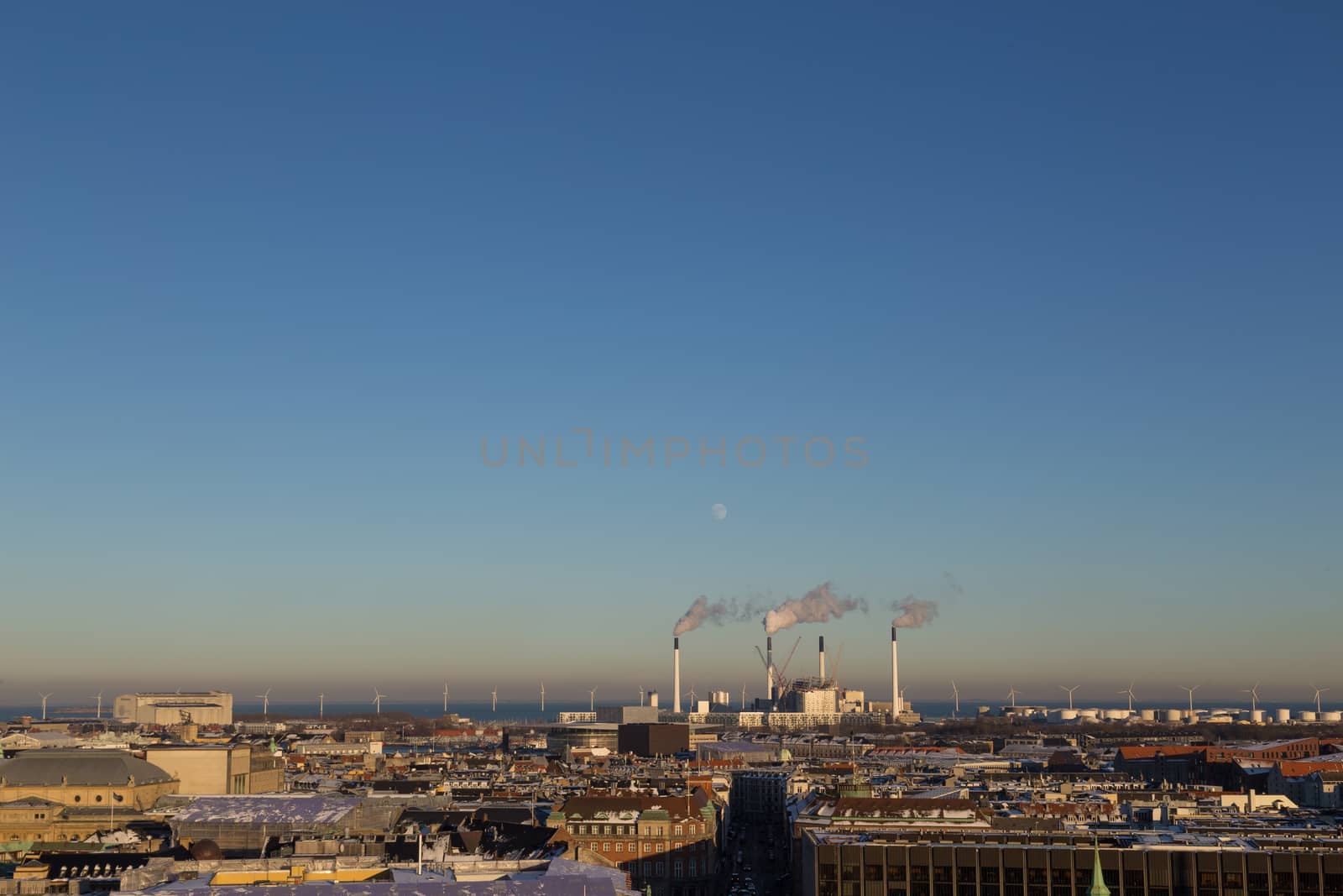 Copenhagen, Denmark - January 21, 2016: View of the skyline with Amager power plant from Christiansborg castle tower.