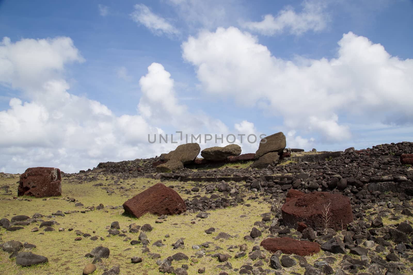 Photograph of the toppled over moais at Akahanga site on Easter Island in Chile.