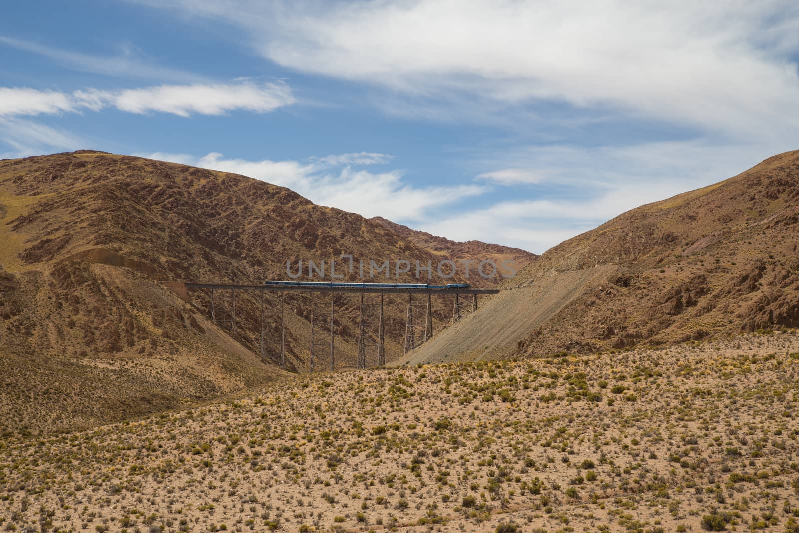 Photograph of a train driving over the Polvorilla viaduct in the Northwest of Argentina.
