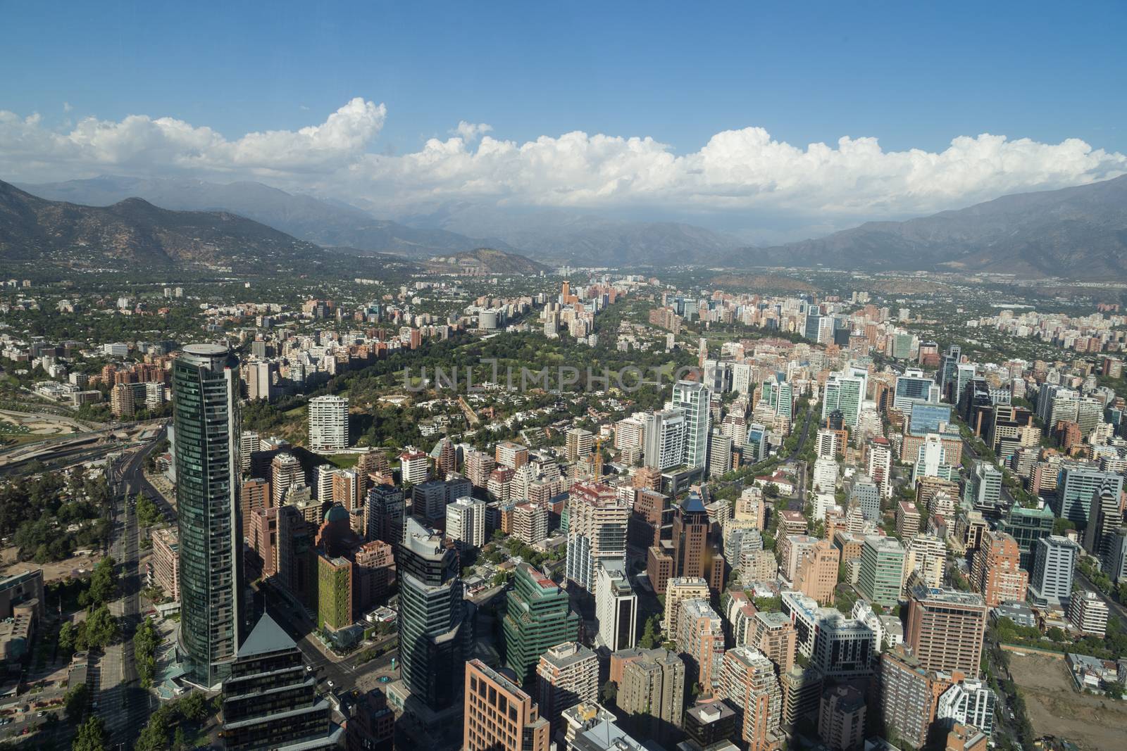 Panoramic city view from the Gran Torre Santiago in Santiago de Chile.