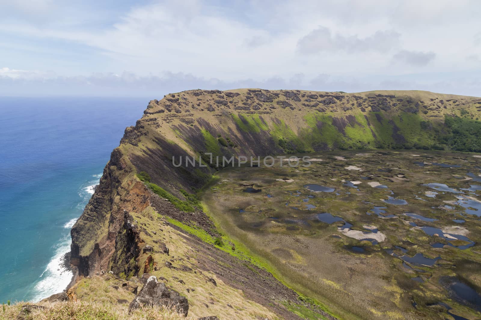 Photograph of the crater of volcano Rano Kau on Rapa Nui, Easter Island, Chile.