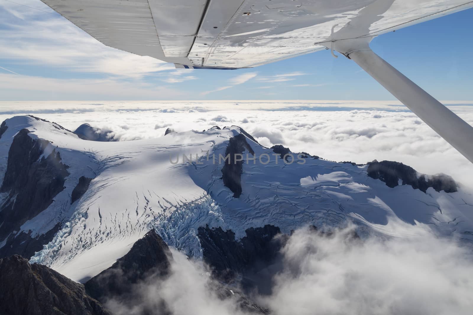 Aerial view of the mountains of Mount Aspiring National Park on the South Island in New Zealand.