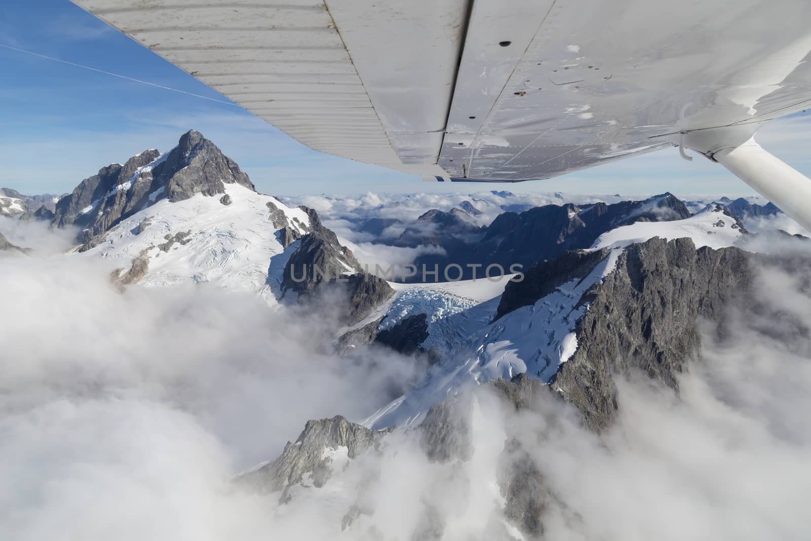 Aerial view of the mountains of Mount Aspiring National Park on the South Island in New Zealand.