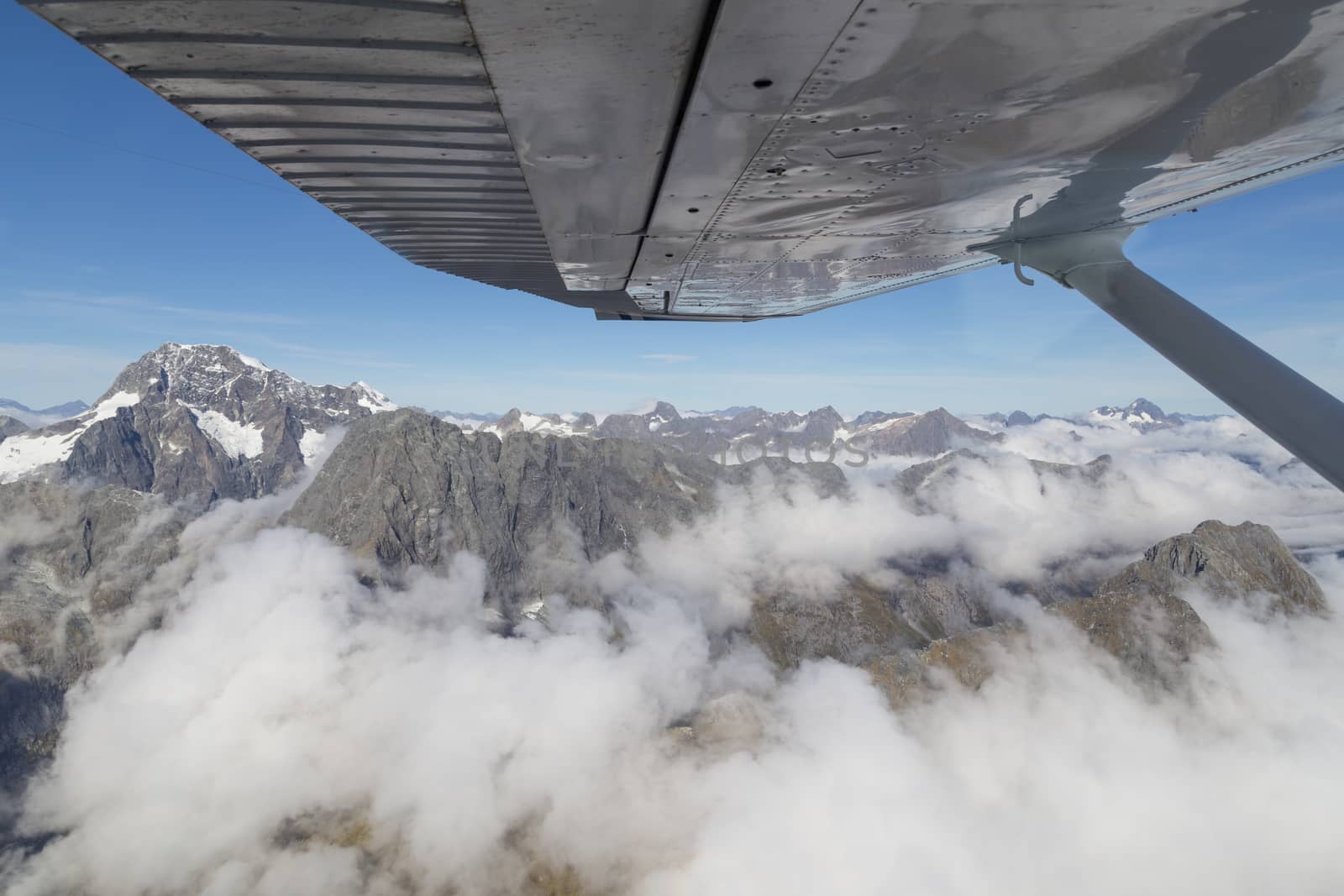 Aerial view of the mountains of Mount Aspiring National Park on the South Island in New Zealand.