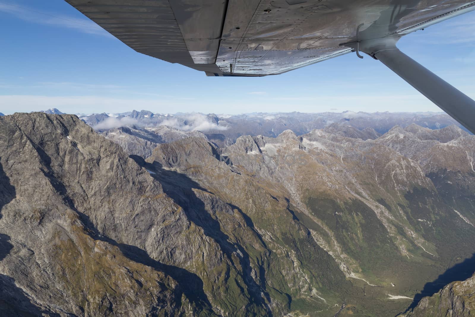 Aerial view of the mountains of Mount Aspiring National Park on the South Island in New Zealand.