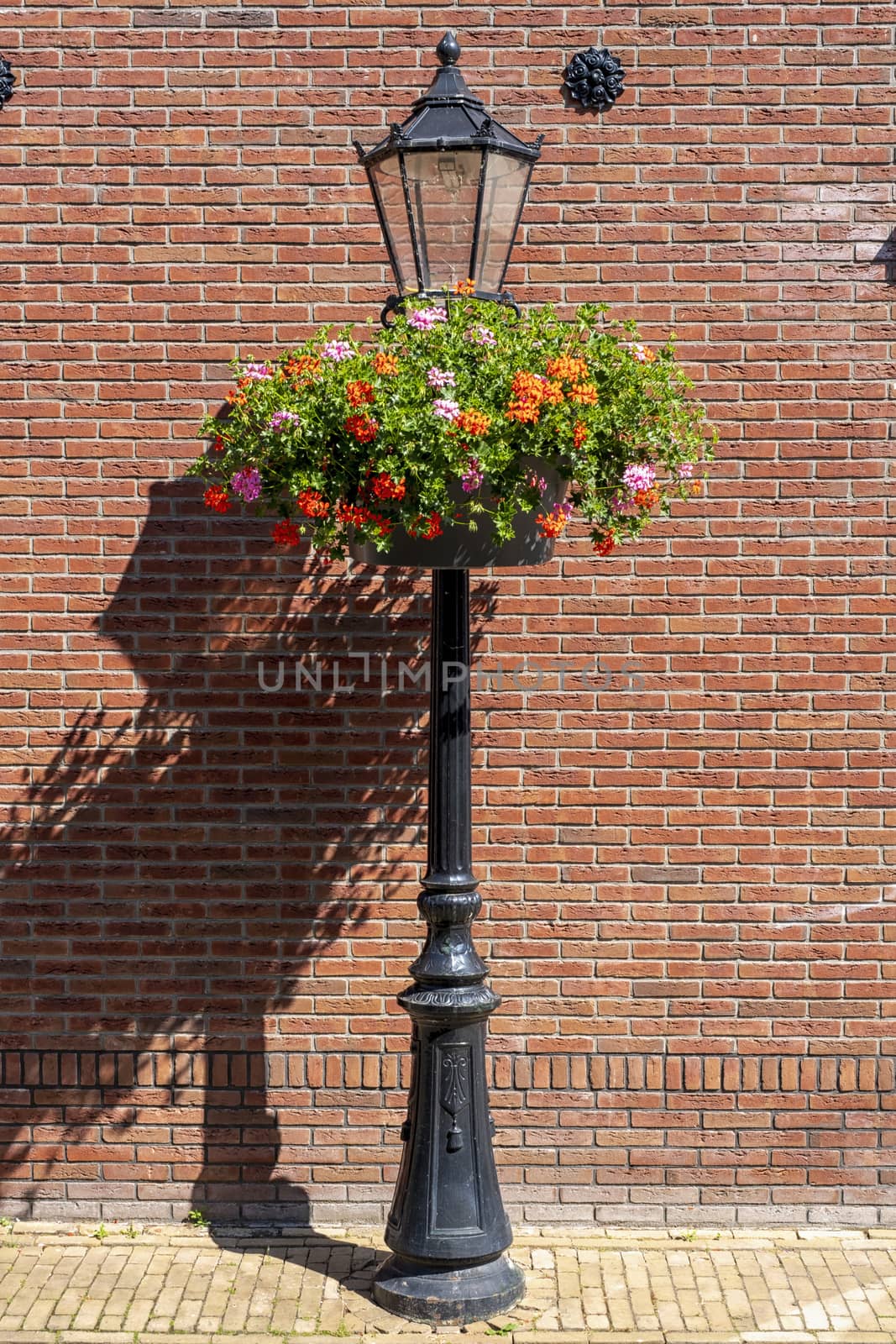 Black vintage lamppost against vibrant orange colored brick stone wall by Tjeerdkruse