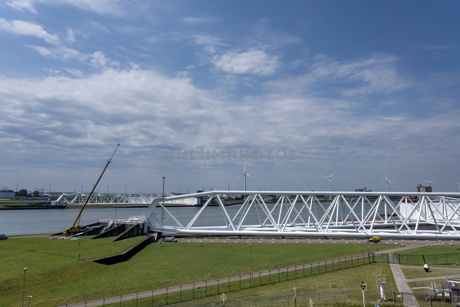 Aerial picture of Maeslantkering storm surge barrier on the Nieuwe Waterweg by Tjeerdkruse