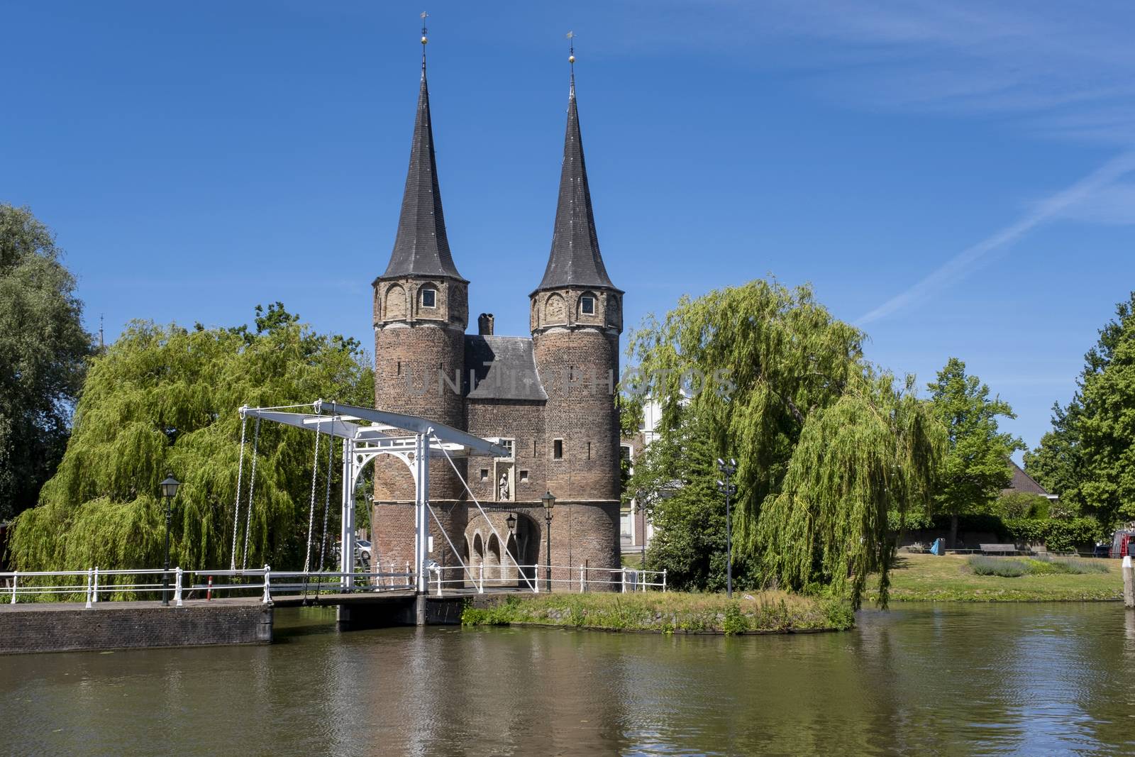 The Eastern Gate Oostpoort in Delft, an example of Brick Gothic northern European architecture, was built around 1400