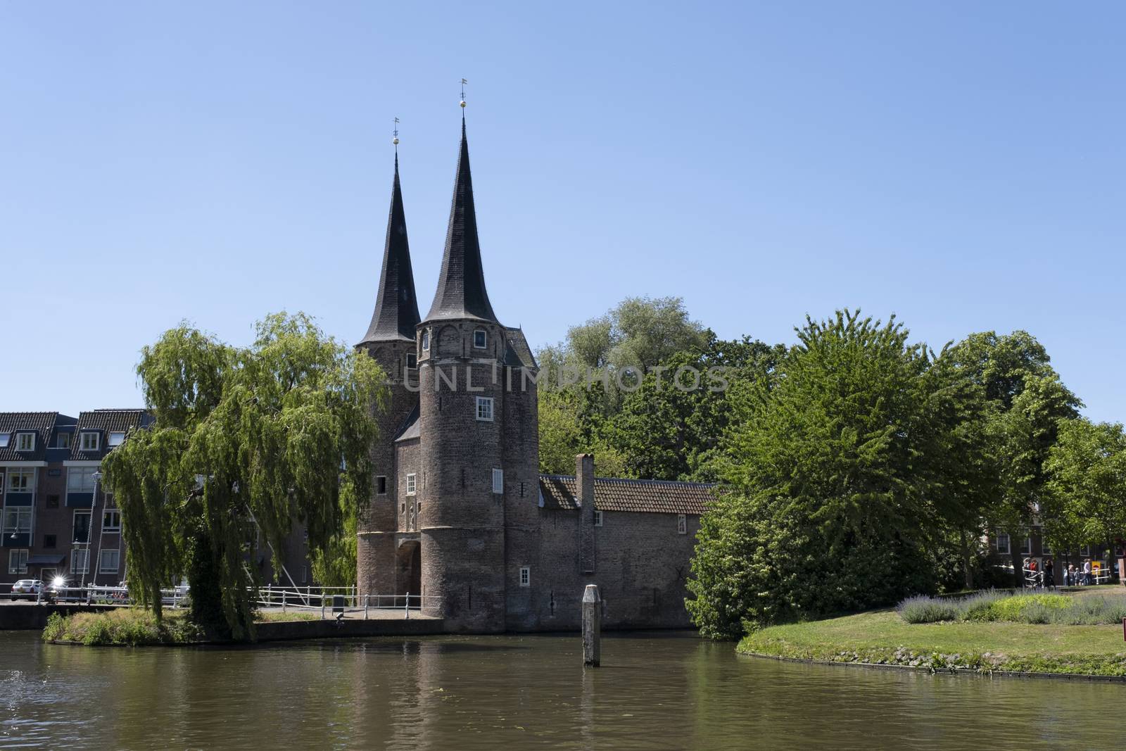 The Eastern Gate Oostpoort in Delft, an example of Brick Gothic northern European architecture, was built around 1400