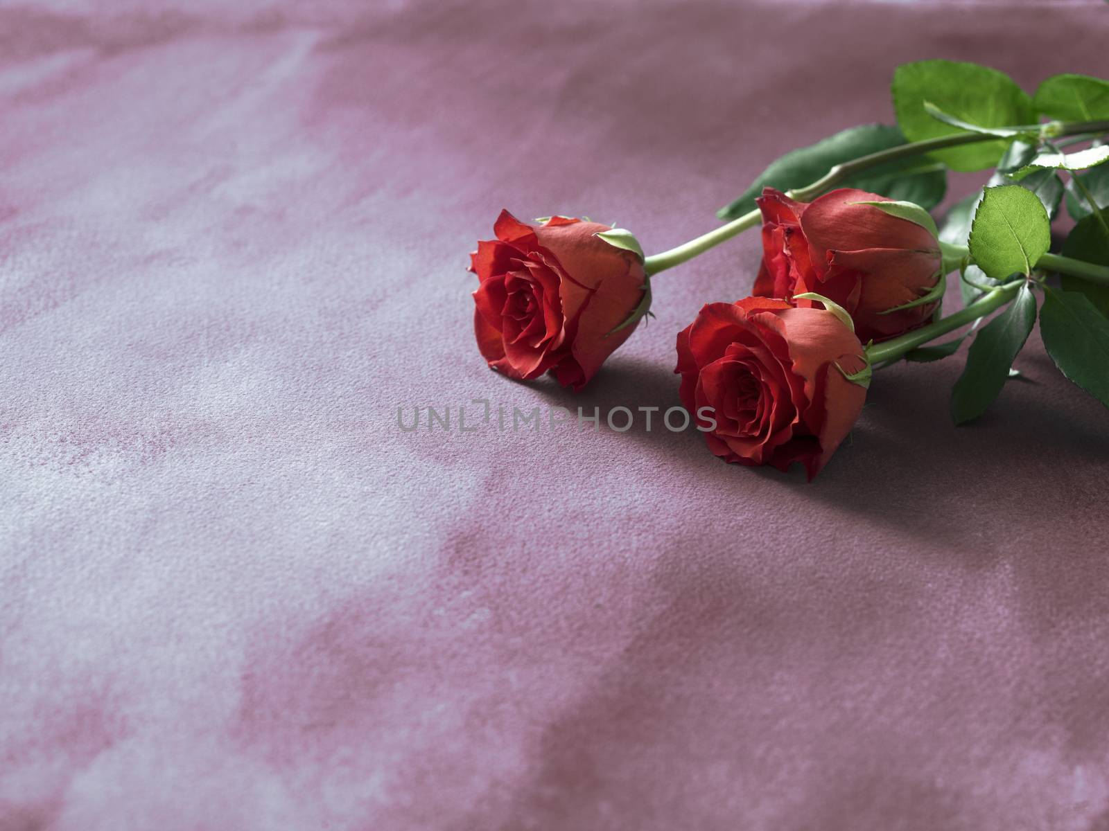 Red roses flower bouquet on stone table. Top view with copy space by Tjeerdkruse