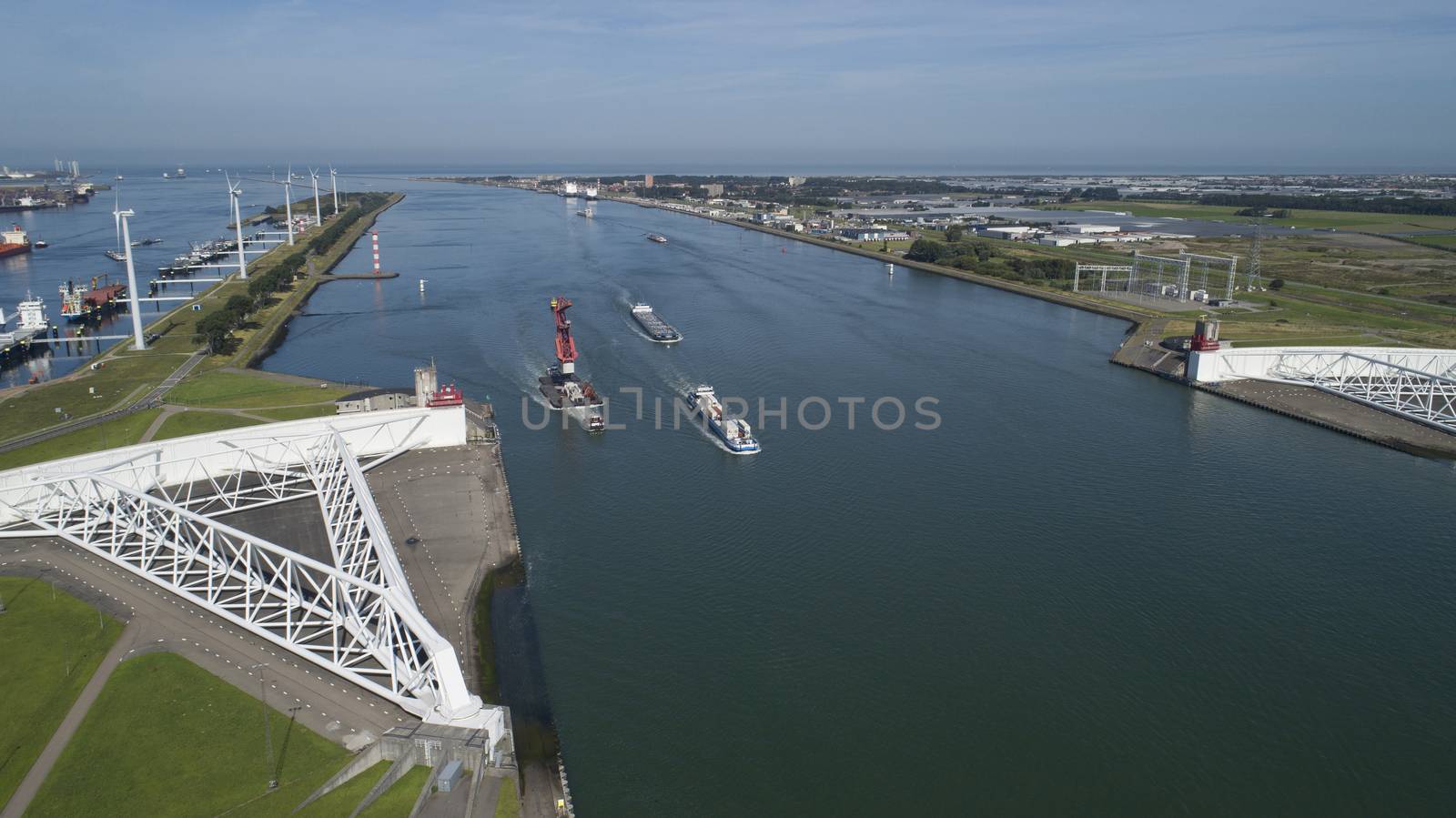 Aerial picture of Maeslantkering storm surge barrier on the Nieuwe Waterweg Netherlands