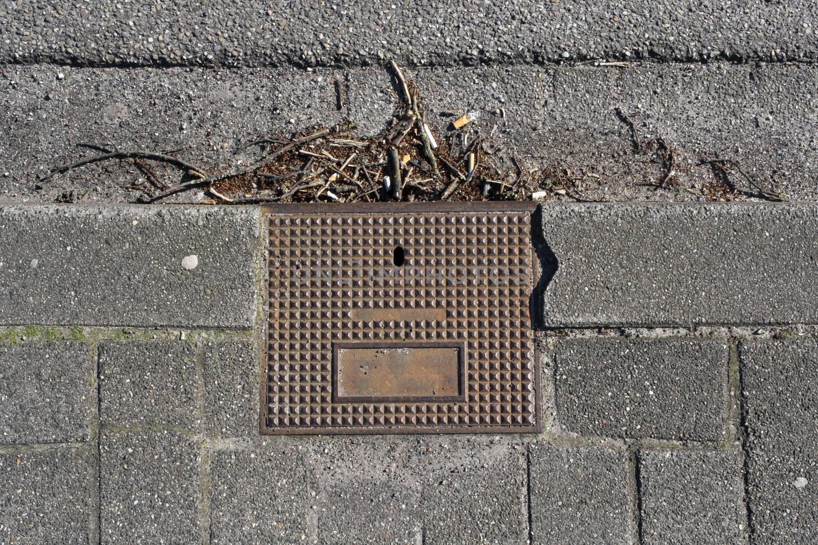 Rusty manhole cap, grunge manhole cover square by Tjeerdkruse