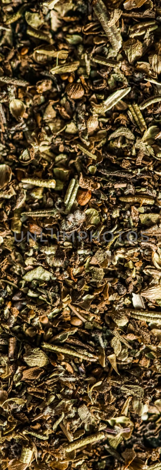 Provencal spices mix closeup on luxury stone background as flat lay, dry food spices and recipe ingredients