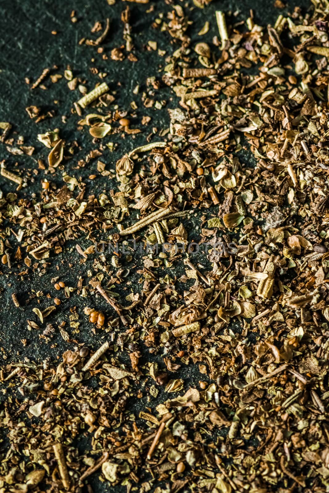 Provencal spices mix closeup on luxury stone background as flat lay, dry food spices and recipe ingredient by Anneleven