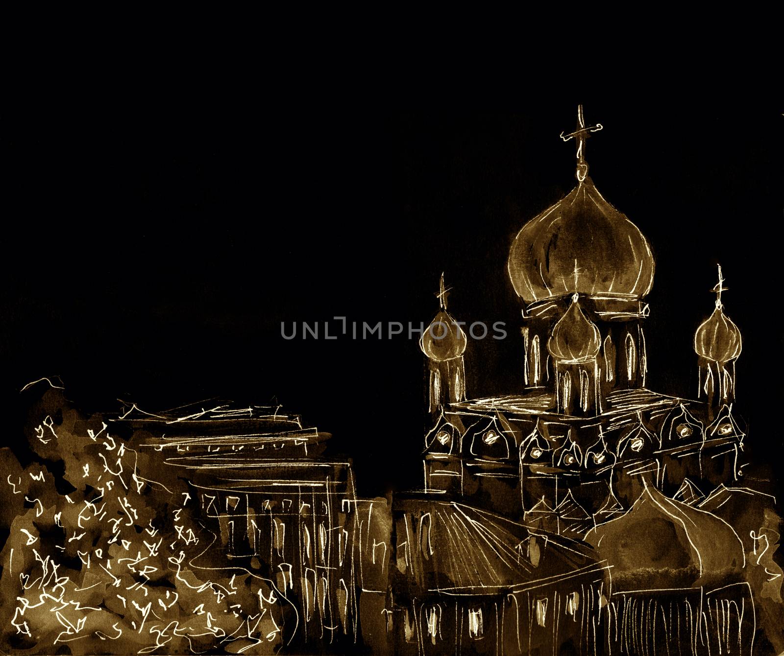 Sketch of church . Hand-drawn illustration. Russian christian culture. Dark background by sshisshka