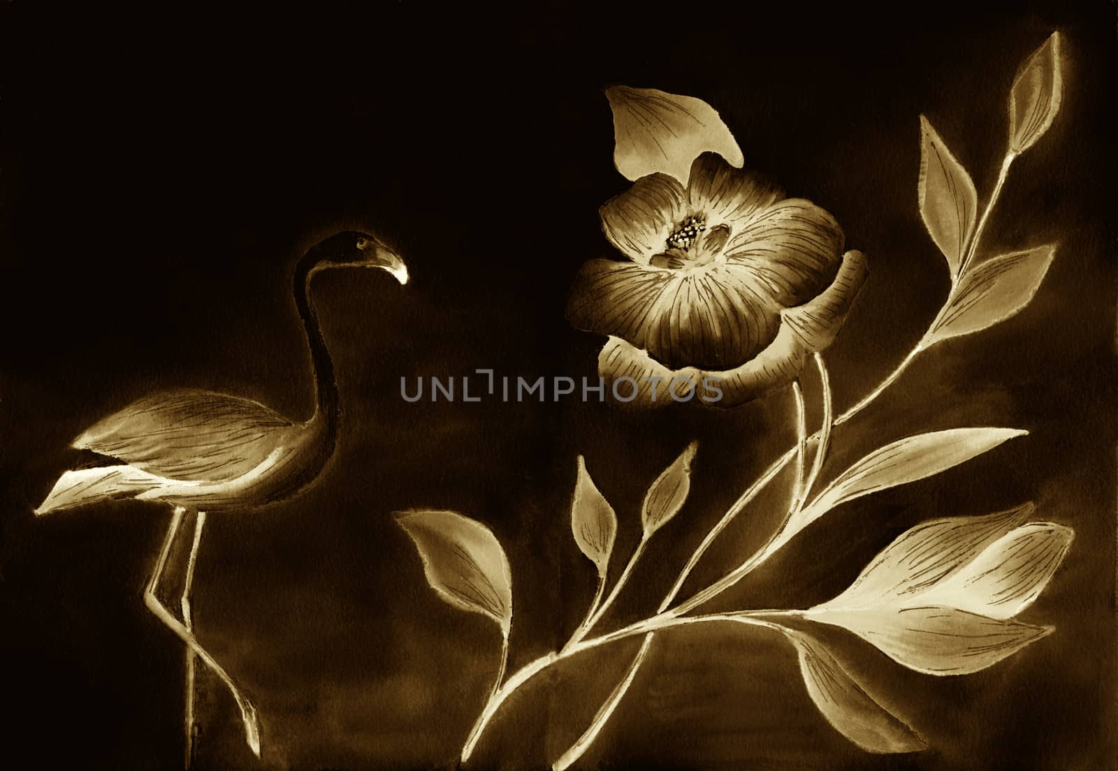 Flamingo bird and tropic flower. Monochrome illustration. Dark hand-drawn artwork. Sepia, beige and brown colors