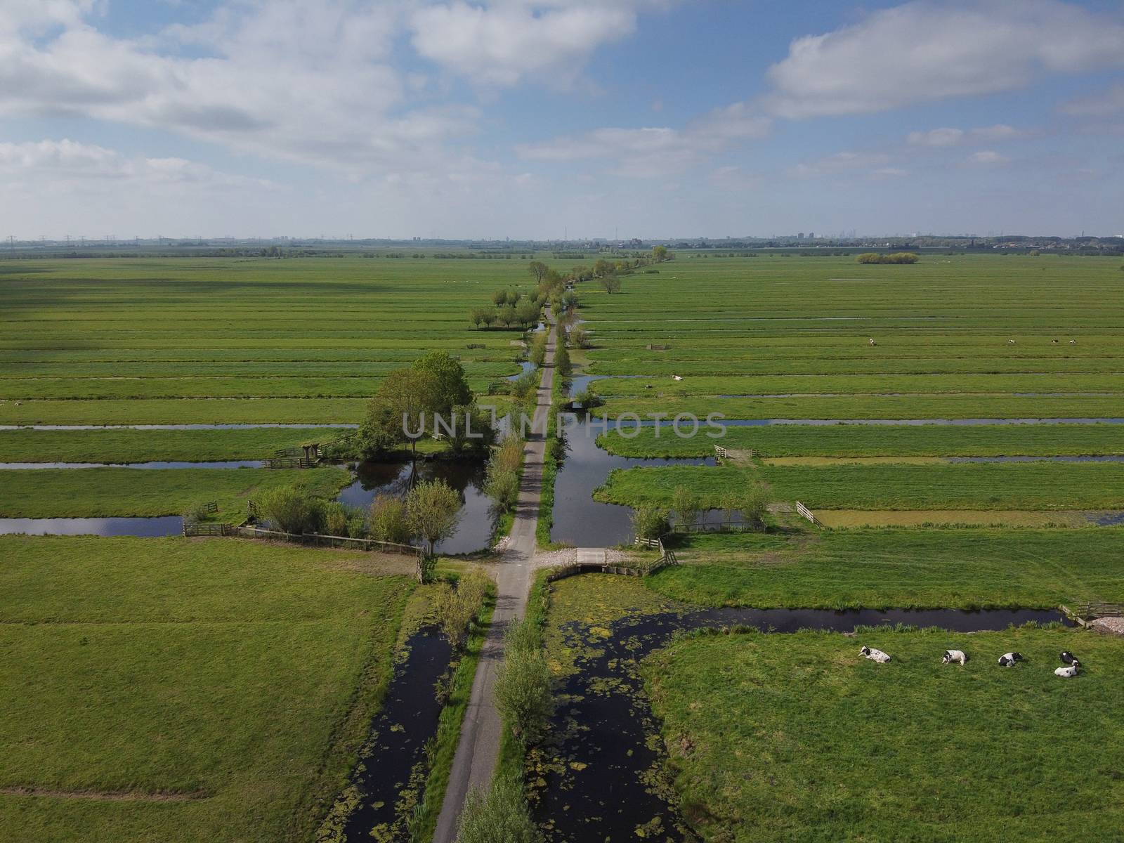 Dutch polder landscape early in the morning on a sunny day in the spring season. Aerial view