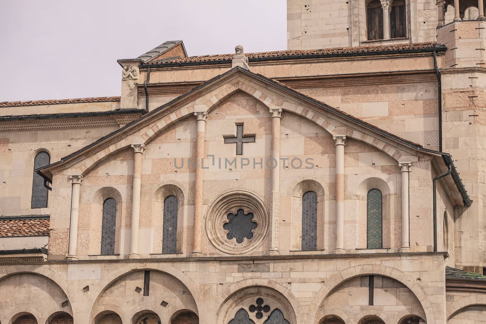 Close up shot of Architecture detail of Modena's Duomo in Italy