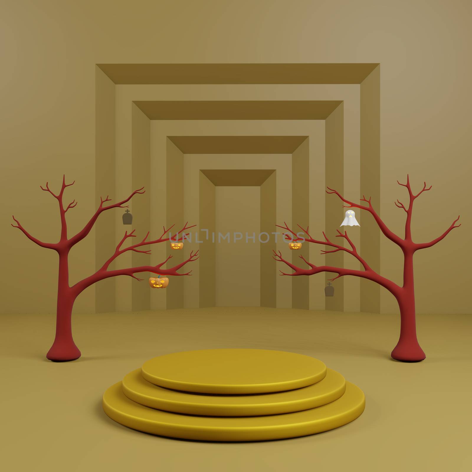 Golden podium or stage background have dead tree halloween scene by eaglesky