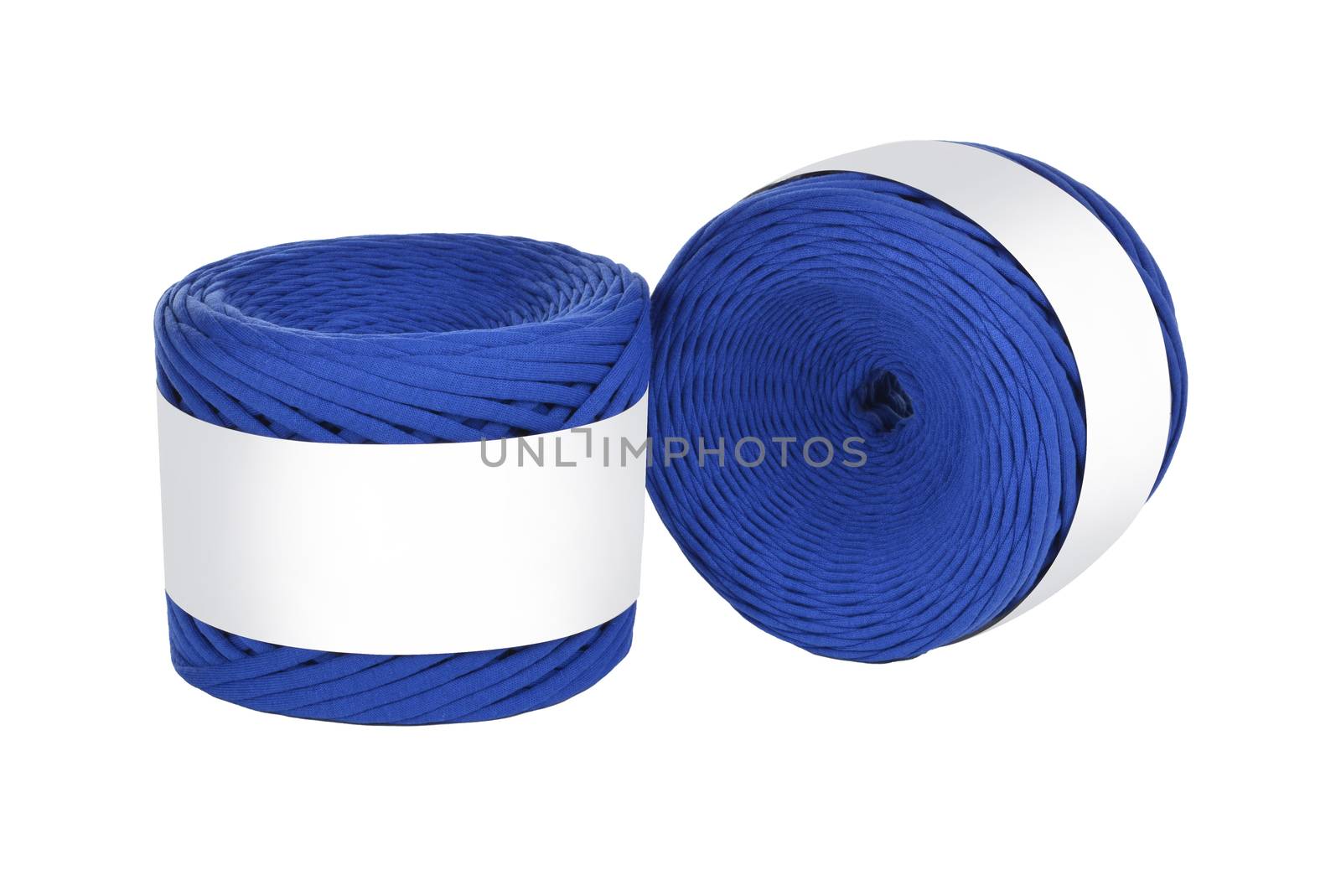 Two skeins of blue color elastic knitted cotton yarn for crochet. Roll with mockup label layout on white background. Use for handwork, creating wicker baskets and home accessories.