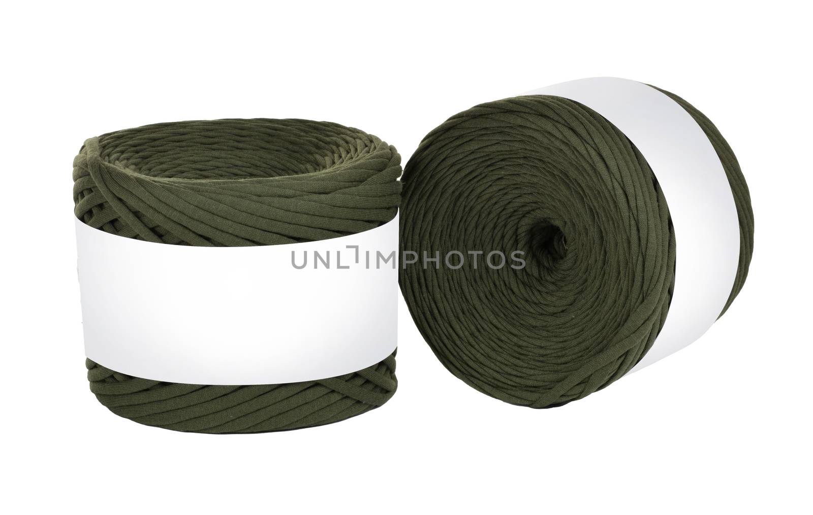 Two skeins of khaki color elastic knitted cotton yarn for crochet. Roll with mockup label layout on white background. Use for handwork, creating wicker baskets and home accessories.