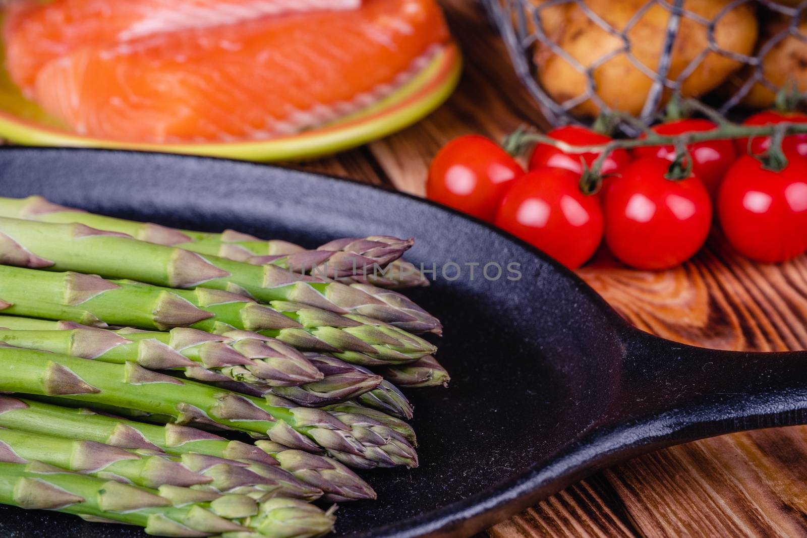 Set of fresh products for healthy food on wooden table by Fischeron