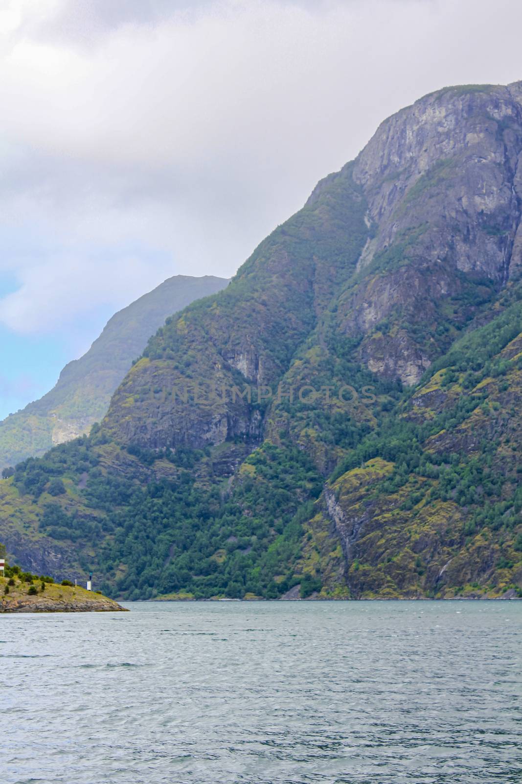 Norwegian beautiful mountain and fjord landscape in Aurlandsfjord Aurland Vestland Sognefjord in Norway.