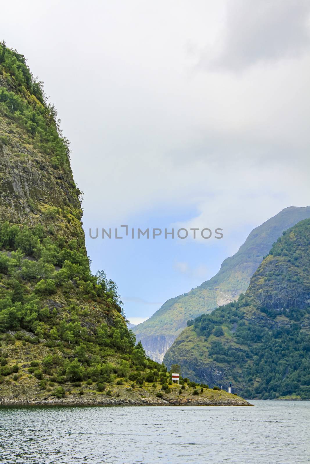 Norwegian beautiful mountain and fjord landscape in Aurlandsfjord Aurland Vestland Sognefjord in Norway.