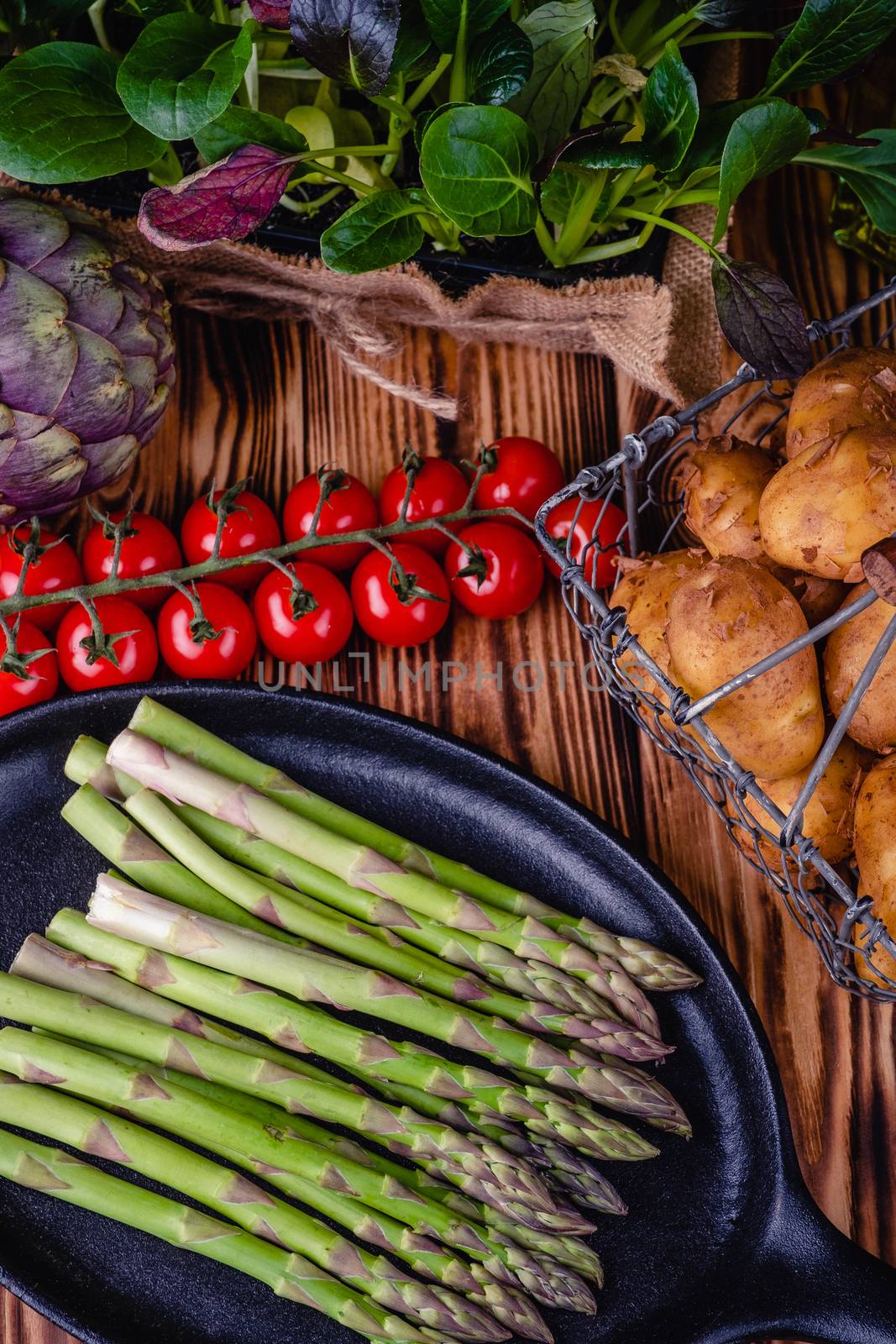 Set of fresh products for healthy food on wooden table. by Fischeron