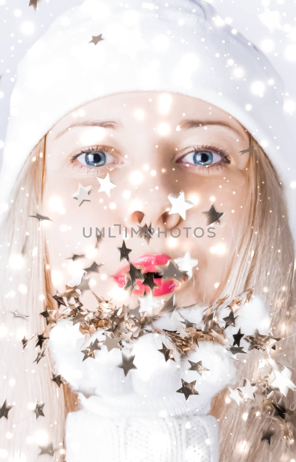 Merry Christmas and glitter snow background, blonde woman with positive emotion in winter season for shopping sale and holiday brand by Anneleven