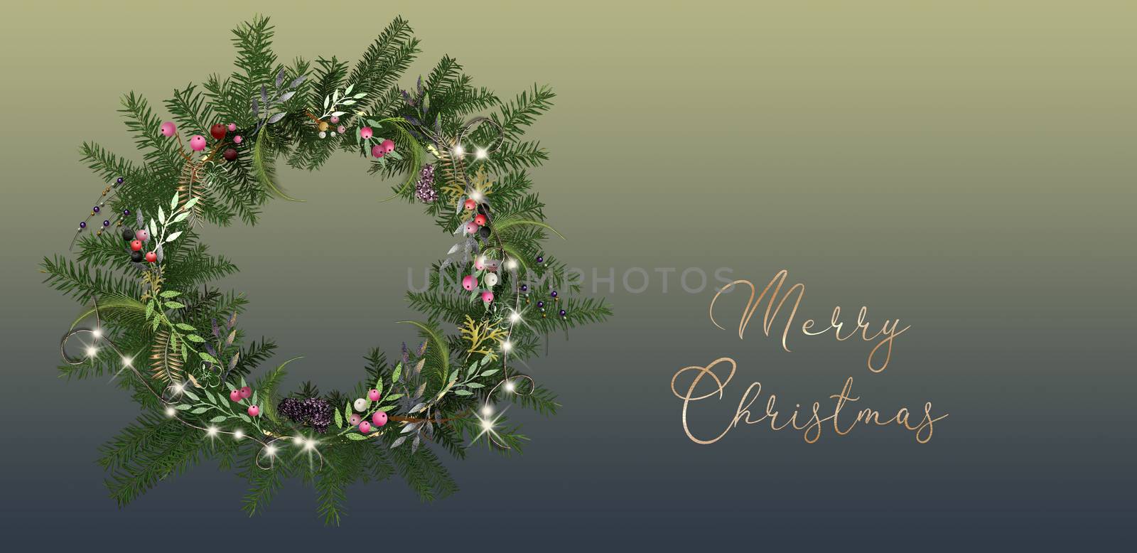 Elegant festive greeting card. Christmas wreath, lights, gold season wishes Merry Christmas on pastel background. Mock up, place for text. 3D illustration