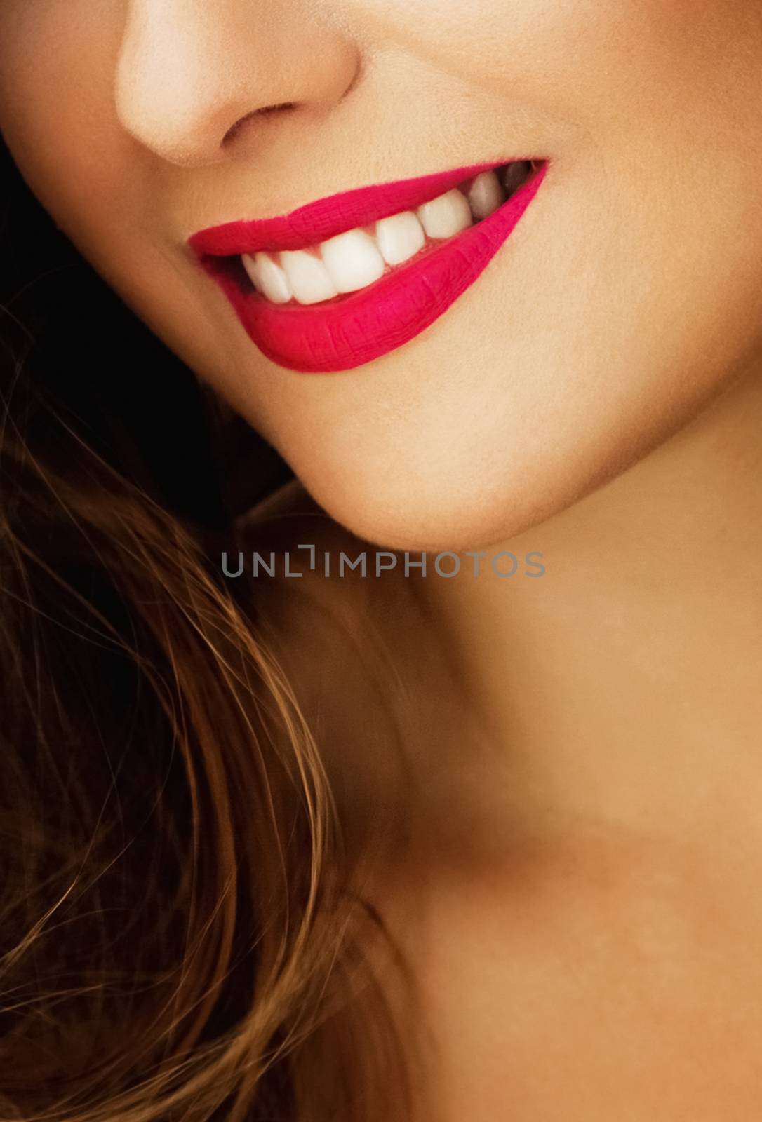 Cheerful healthy female smile with perfect natural white teeth, beauty face closeup of smiling young woman, bright lipstick makeup and clean skin for dental and healthcare brands