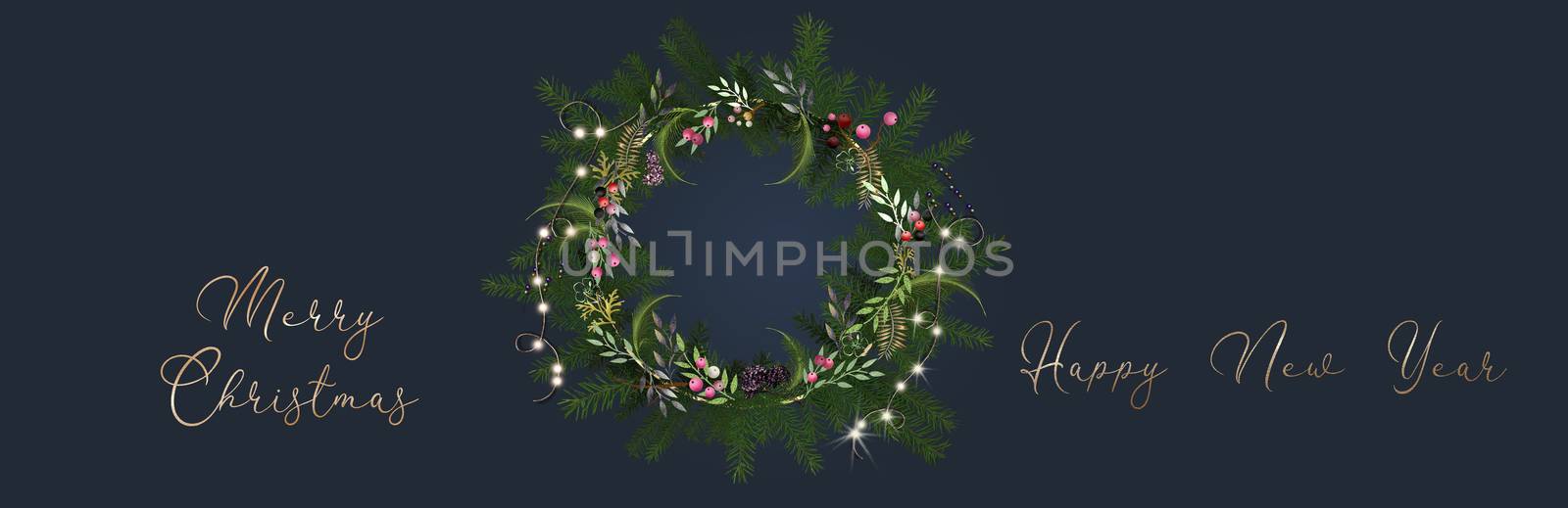 Christmas banner for festive period. Xmas wreath, glowing lights on trendy blue background. Text Merry Christmas Happy New Year. 3D illustration