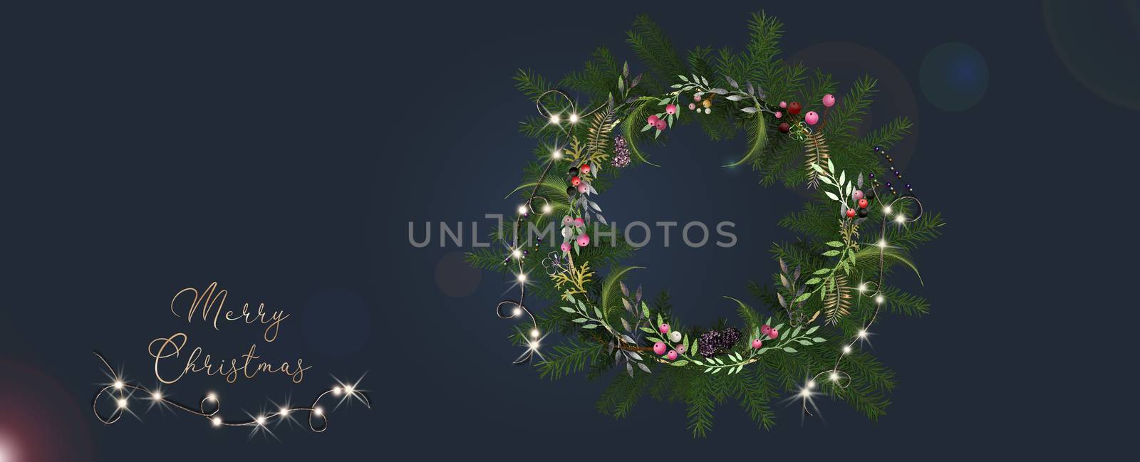 Christmas card design. Dark greeting 3D illustration of wreath with glowing garland lights. Horizontal poster. Text Merry Christmas.