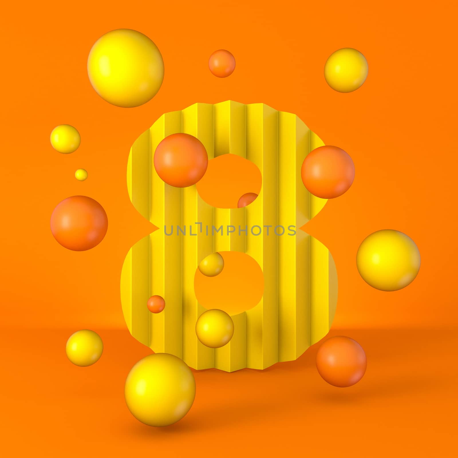 Warm minimal yellow sparkling font Number 8 EIGHT 3D render illustration isolated on orange background