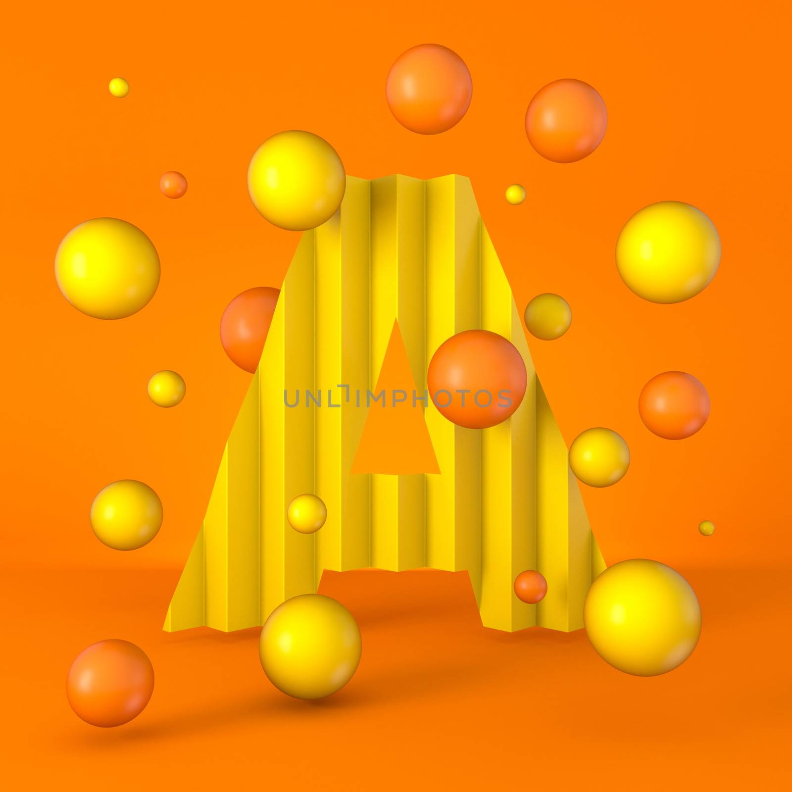 Warm minimal yellow sparkling font Letter A 3D render illustration isolated on orange background