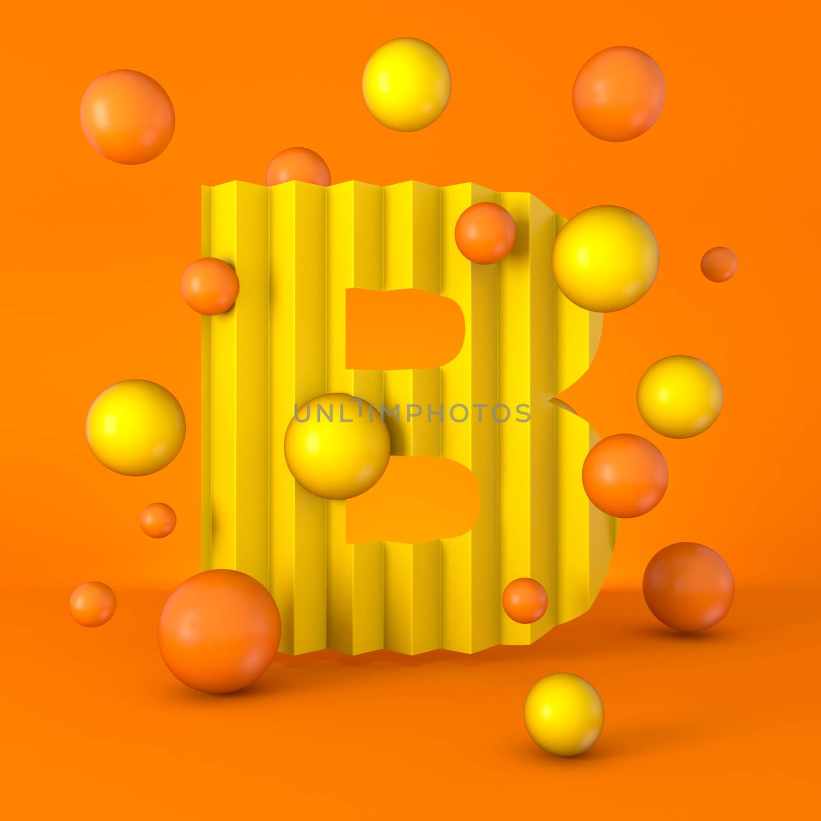 Warm minimal yellow sparkling font Letter B 3D render illustration isolated on orange background